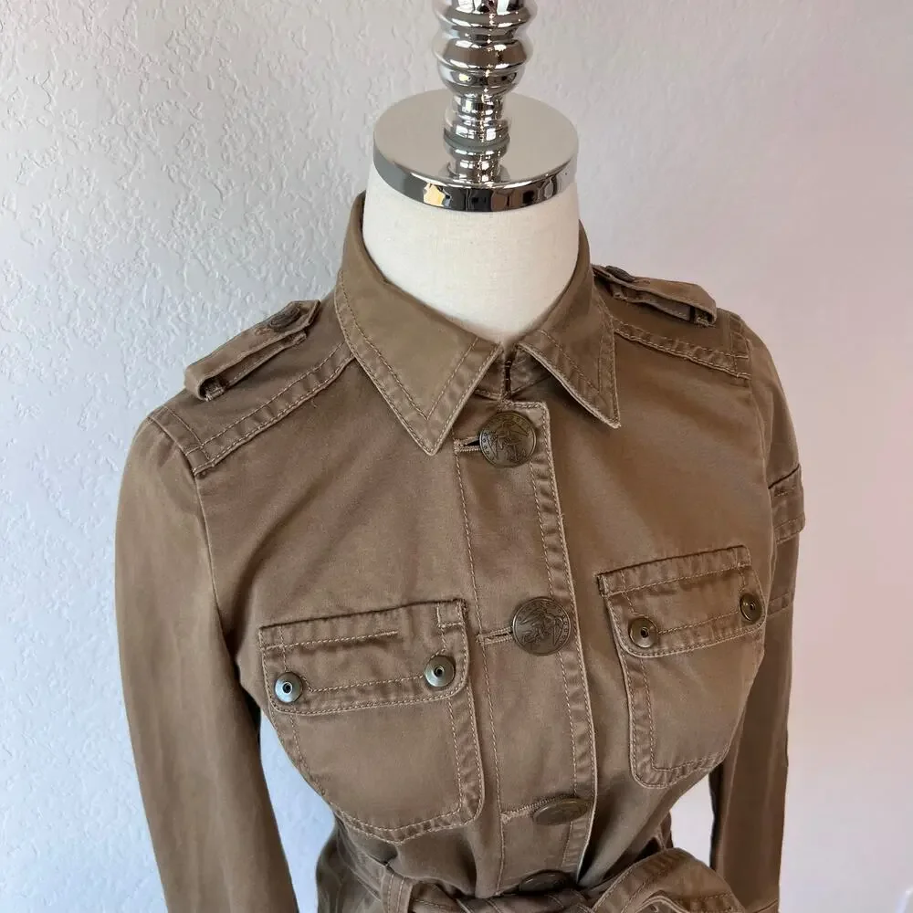 Vintage Y2K J Crew Military Utility Cargo Jacket size XS Cotton Belted Tan - Picture 2 of 14